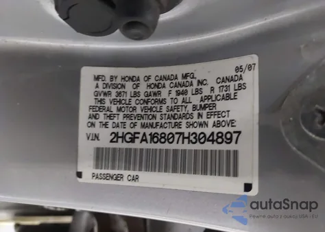 2007 Honda Civic Ex z USA, uszkodzony, nr VIN 2HGFA16807H304897